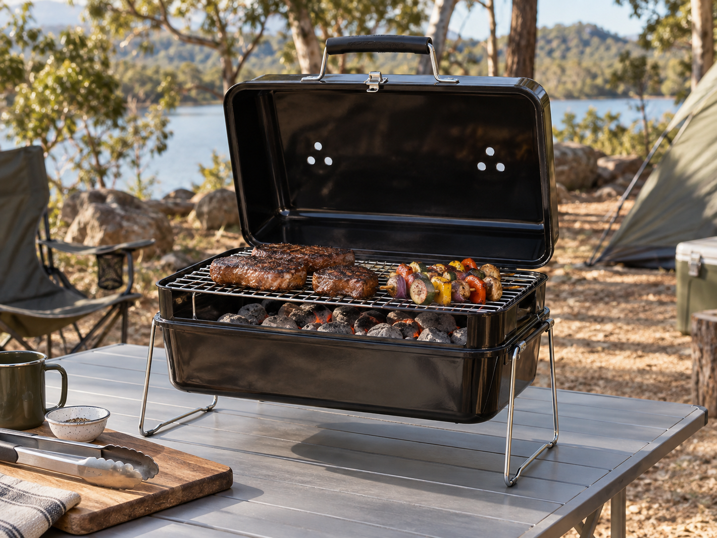 Illustrative compact rectangular charcoal barbecue with briquettes and folding transport legs